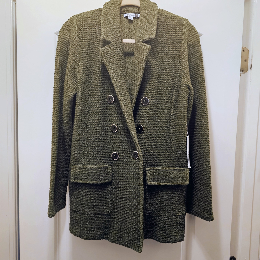 NWT Chico’s Size 1 Olive Green Textured Sweater Jacket Double Breasted - Picture 3 of 9